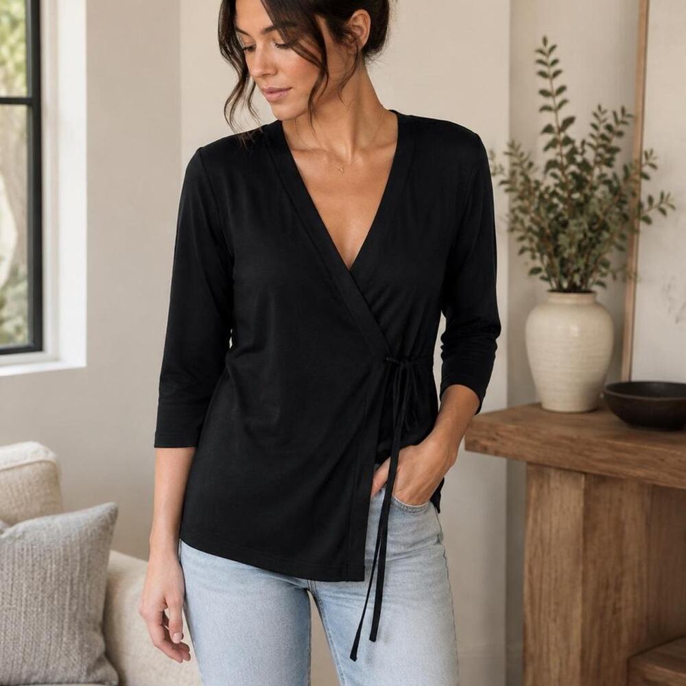 Eileen Fisher Black Wrap Top 3/4 Sleeve Stretch Jersey Petite Small PS